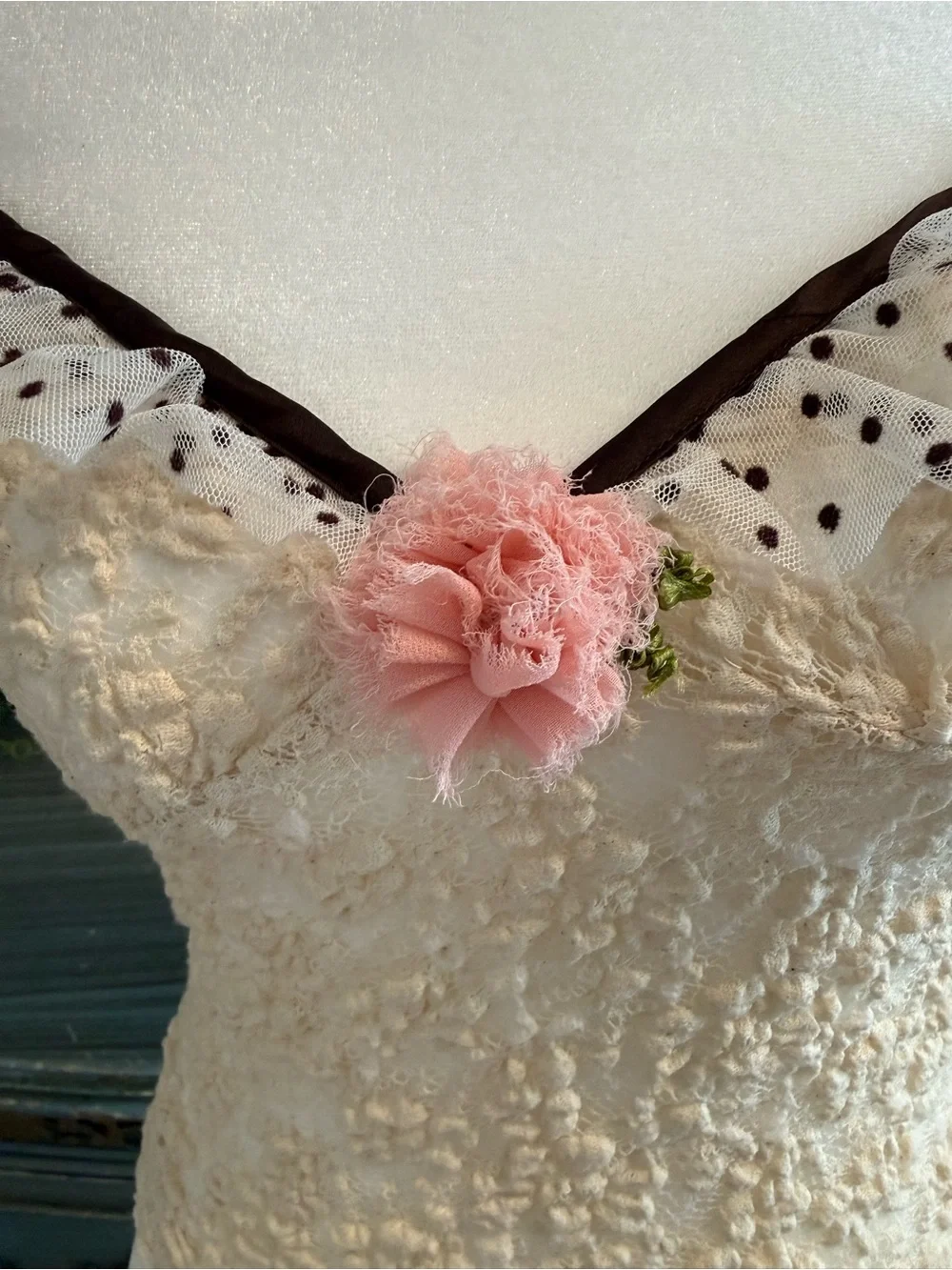 Free People Up cycled Cream Lace Top with Brown Polka-Dot Ruffle and Pink Flower